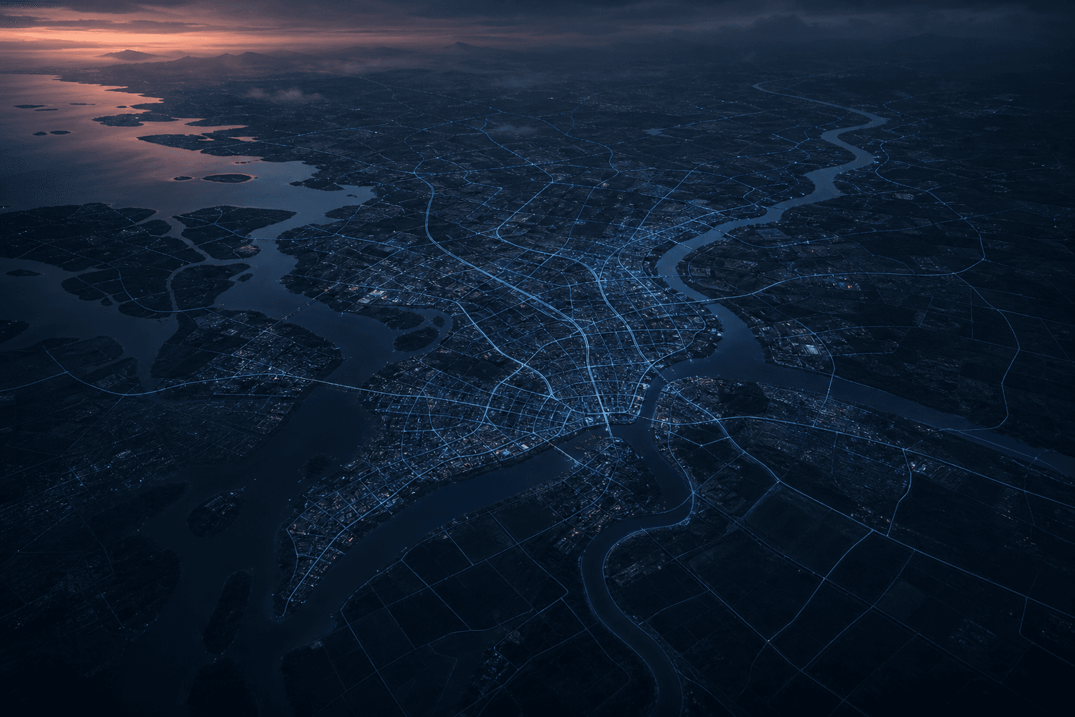 Abstract aerial map of a river-delta city with glowing blue network lines